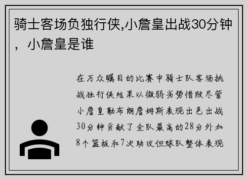 骑士客场负独行侠,小詹皇出战30分钟，小詹皇是谁