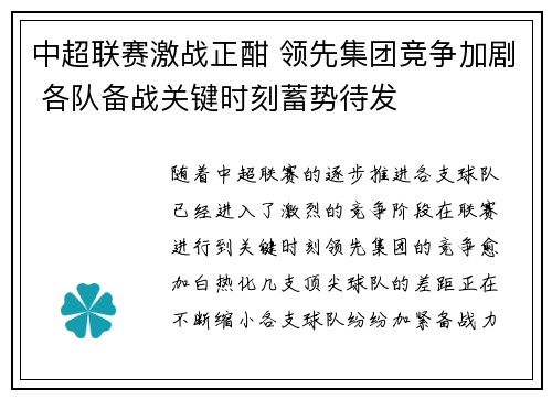 中超联赛激战正酣 领先集团竞争加剧 各队备战关键时刻蓄势待发